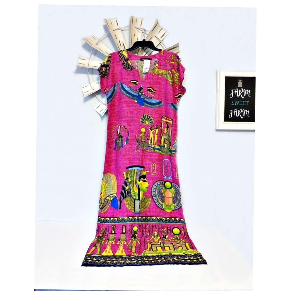 Flower Cotton Egyptian Print Maxi Dress NWT Pink Cotton Cleopatra Goddess Small